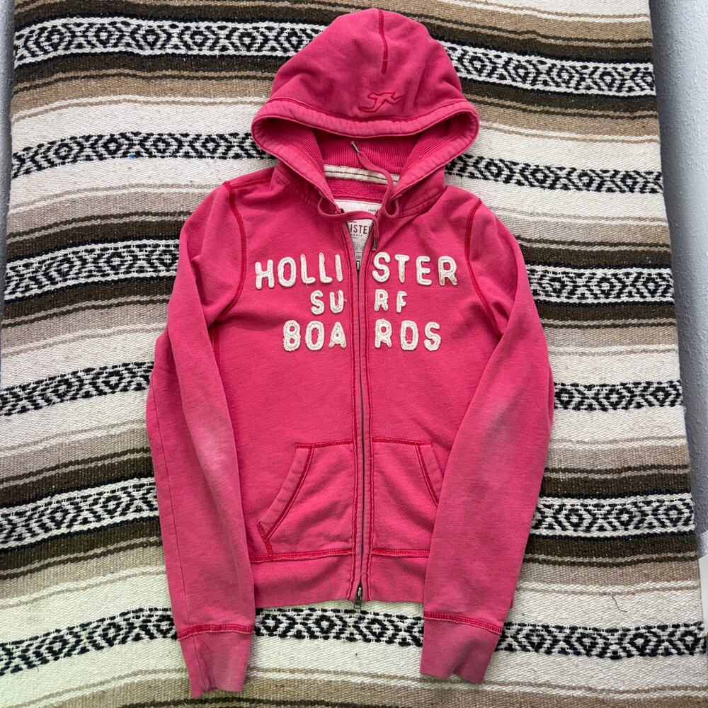 Women's Vintage Y2k Hollister Surf Boards Pink Zip Up Hoodie Sweatshirt Medium